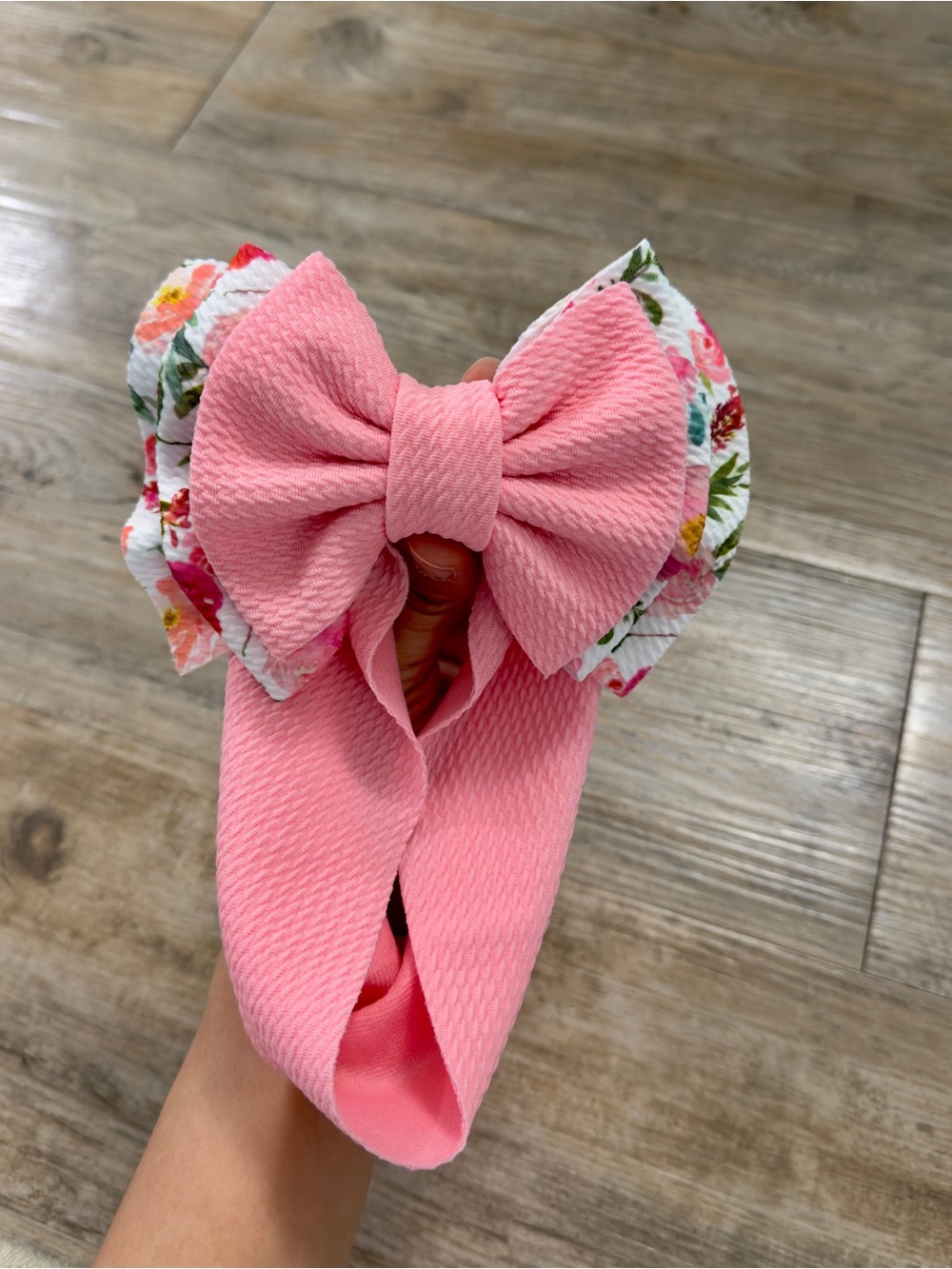 Pink Double Big Bow Headband Baby Girl 0-3M Floral Accent Bullet Fabric